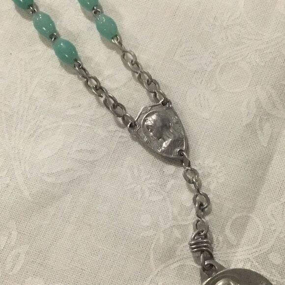 Aqua Bead and Silvertone Rosary - Picture 3 of 5